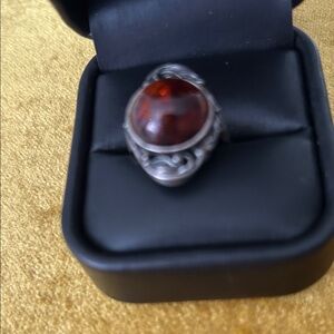 Silver Filigree Ring with Deep Amber Cabochon